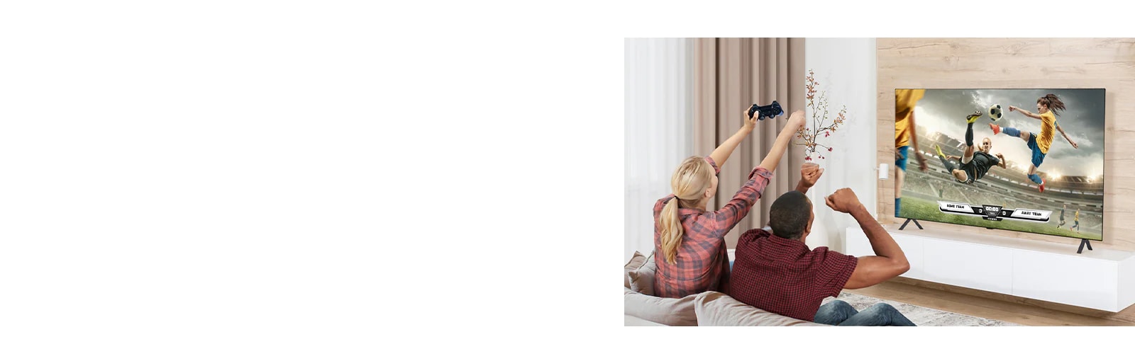 The man and woman are playing games, and the game's scene shown on the TV screen is realistically expressed.