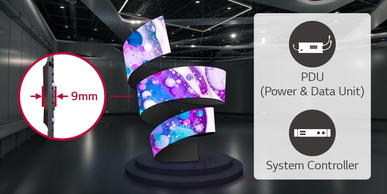 LEDs with unique shapes such as tornadoes are installed in an exhibition space.