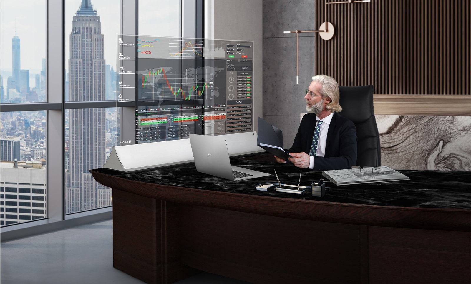 A man is doing his job by looking at the data displayed on the Transparent OLED screen.