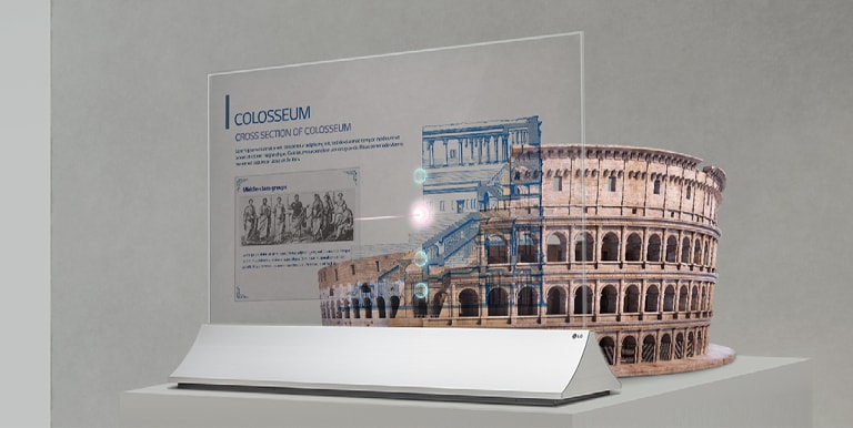 Information about the Colosseum is shown on the Transparent OLED screen set up in front of the Colosseum model.