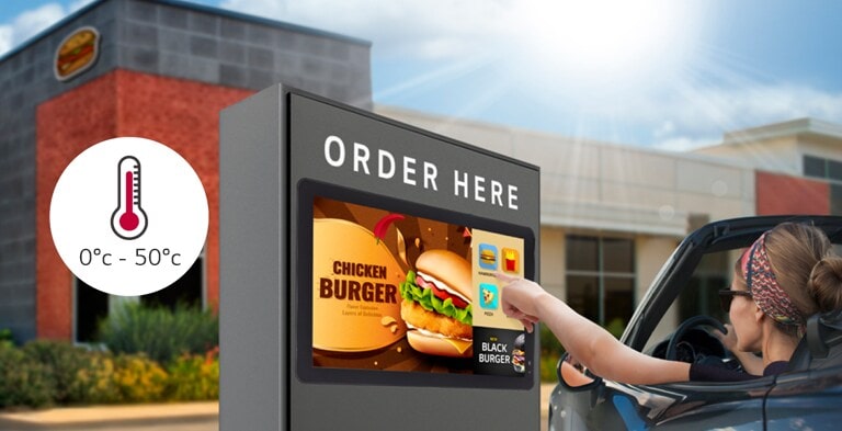 The 22XF1TJ is used as a drive-thru ordering touch kiosk. The display is working well in an environment of 0~50°C.