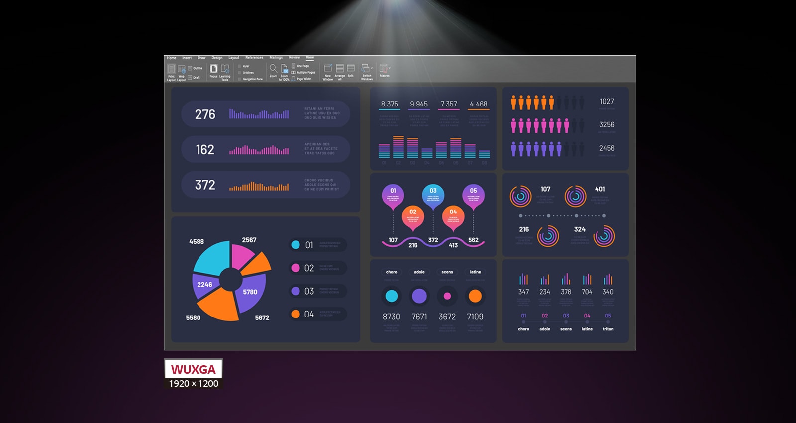 Up to 300-inch screen size and WUXGA (1920x1200) resolution.	