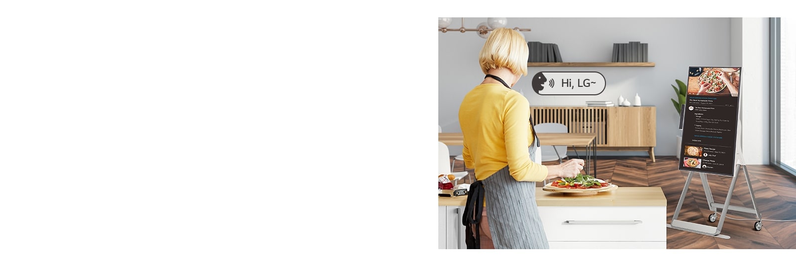 A woman is using voice commands to control the One:Quick Flex while cooking.
