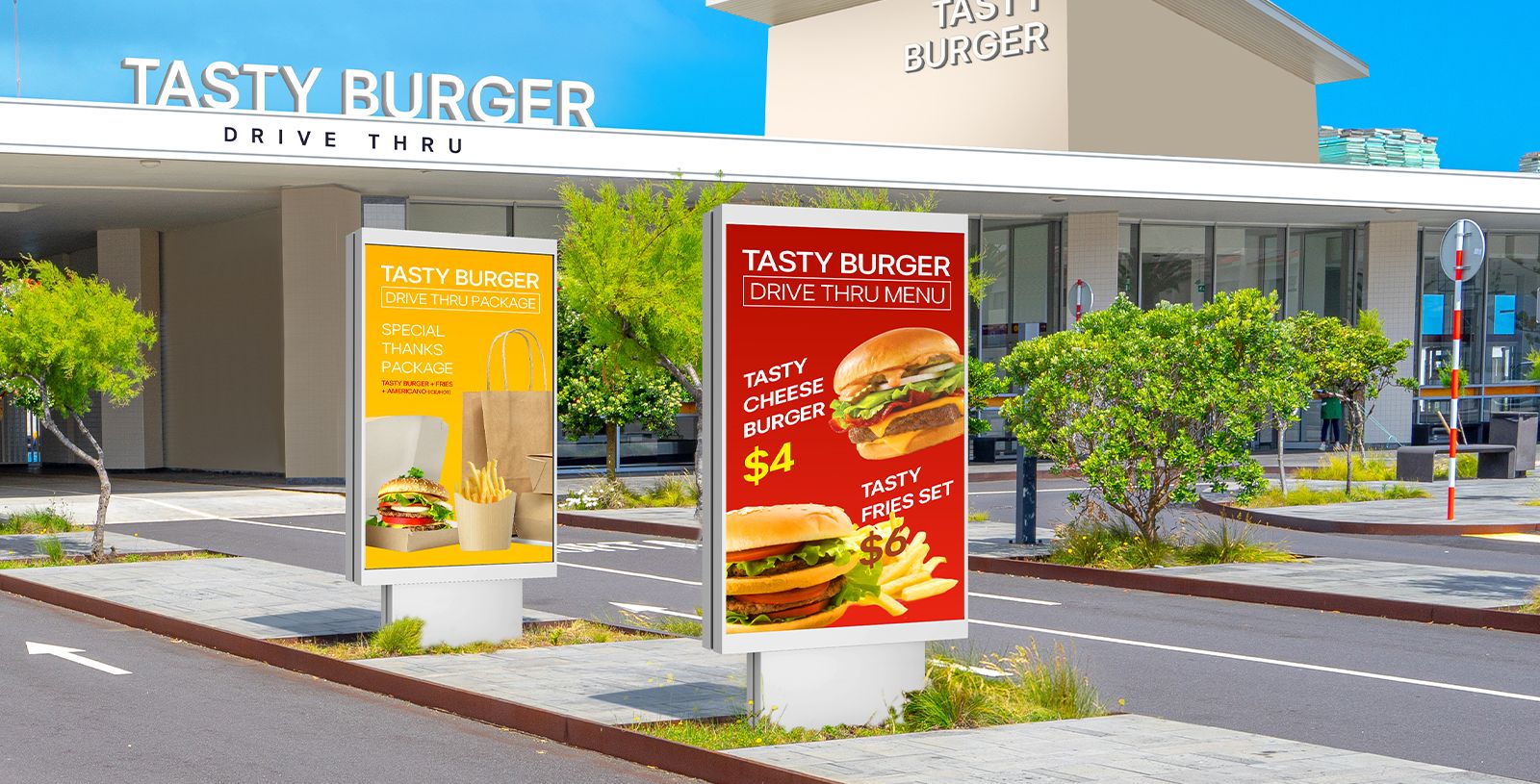 There are two 75XF3Ps installed in the drive-thru zone at the burger place, and they vividly display the burger menu and ads even in bright sunlight.