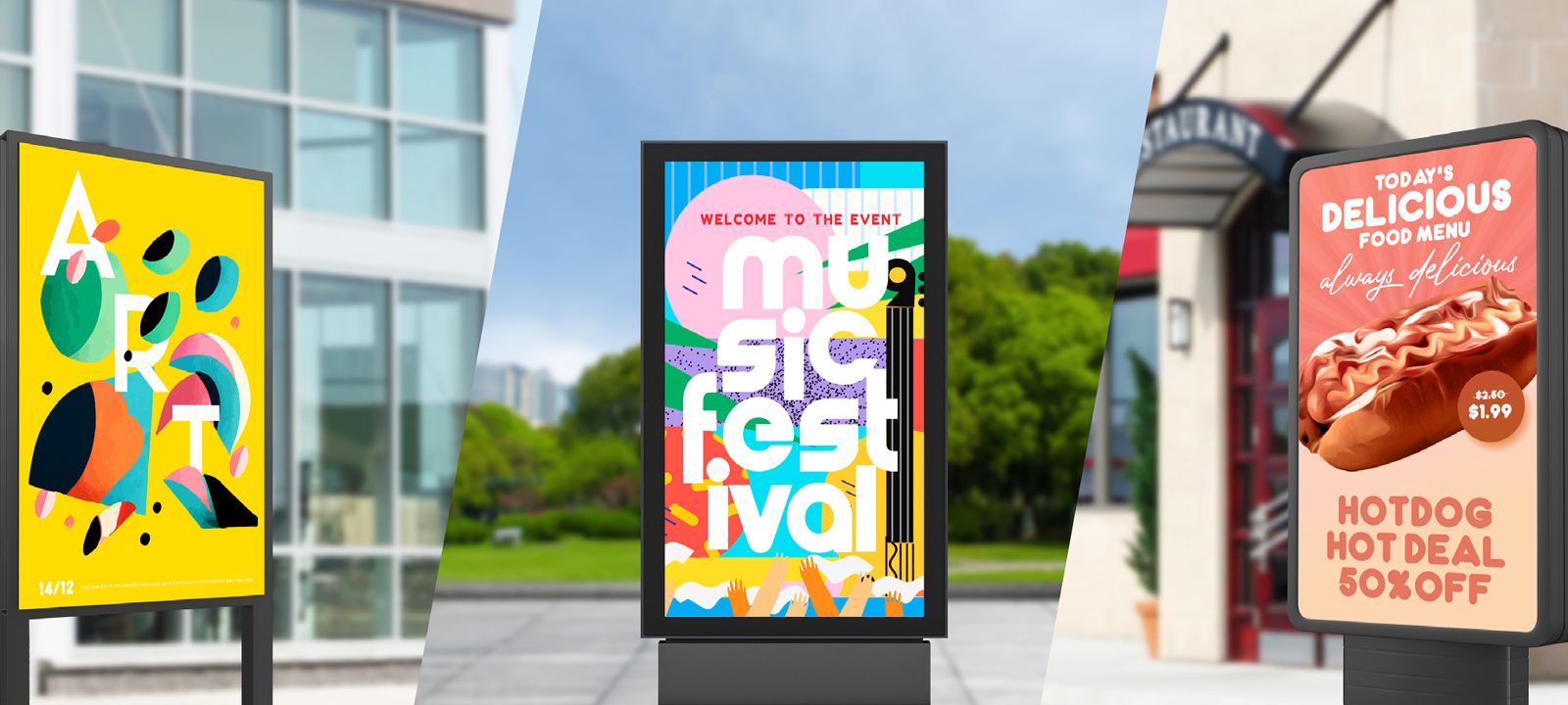 Various frame-shaped displays are installed outdoors.