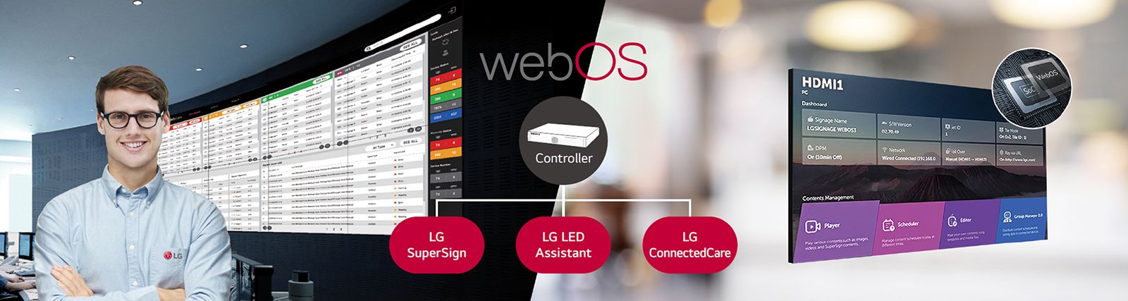 The LG employee is remotely monitoring the GSCF series installed in a different place by using a cloud-based LG monitoring solution. System controller with webOS enables the GSCF series to be compatible with LG software solutions.