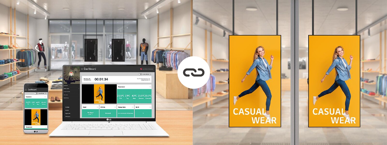 Users can monitor and control their displays through a mobile phone and a laptop.