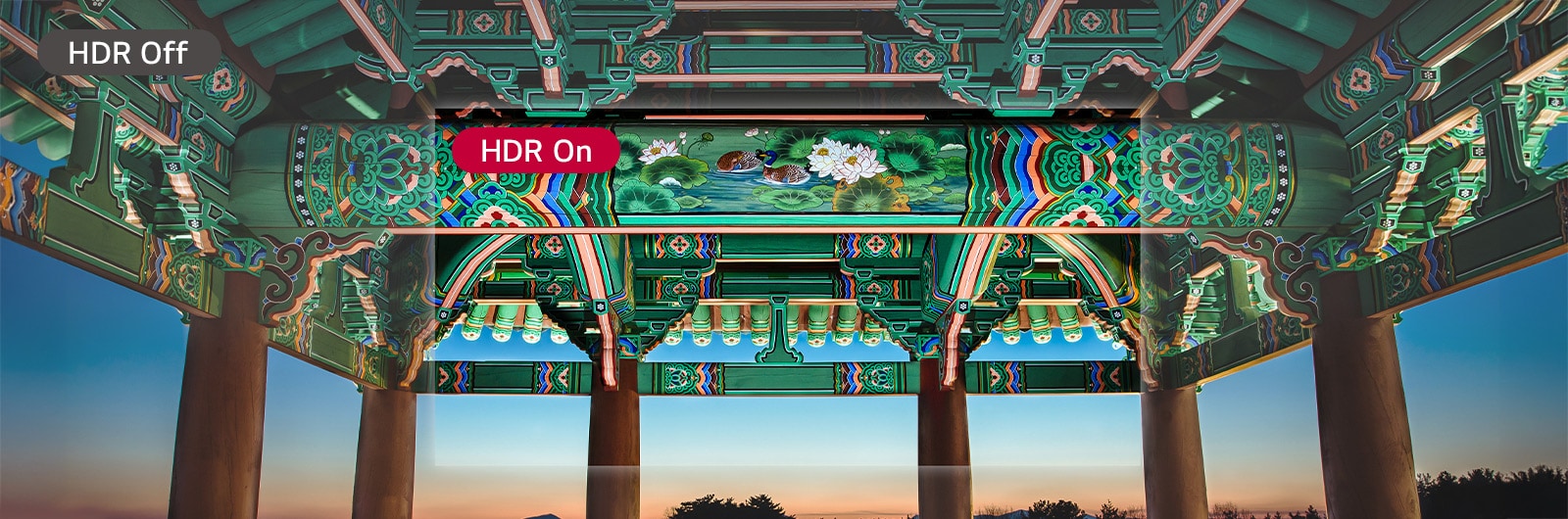 The brilliant and colorful traditional Korean patterns are more vivid and delicate on the HDR On screen than on the HDR Off screen.