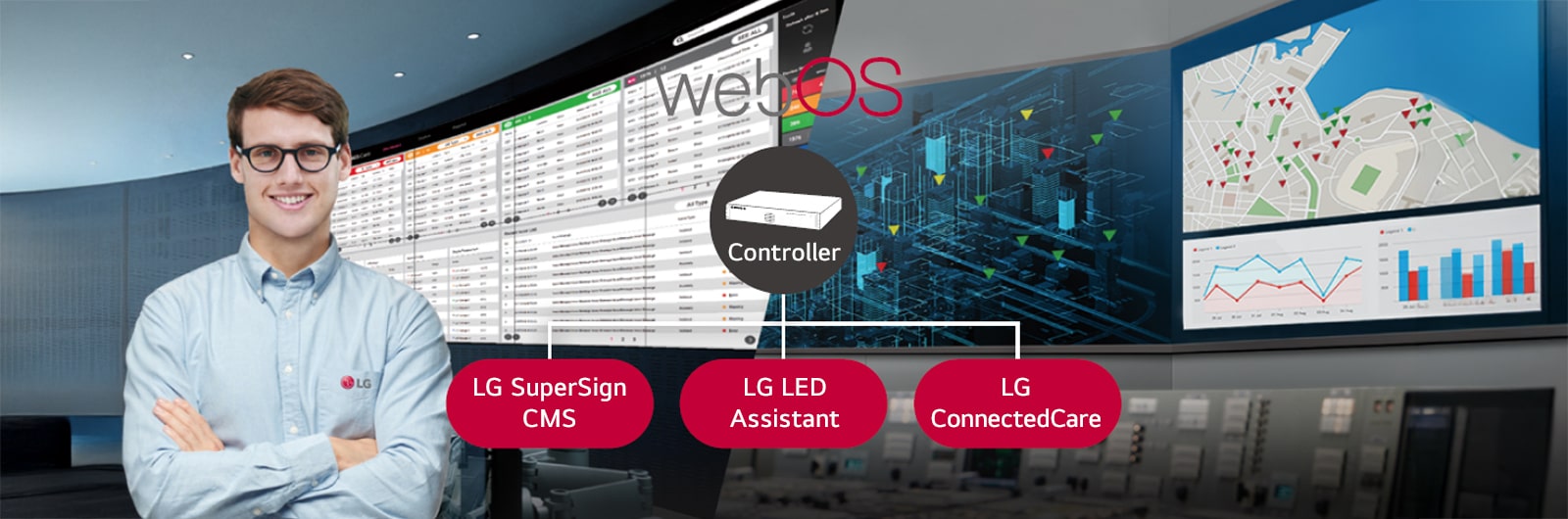 The LG employee is remotely monitoring the LMEA series installed in a different place by using a cloud-based LG monitoring solution. System controller with webOS enables the LMEA series to be compatible with LG software solutions.