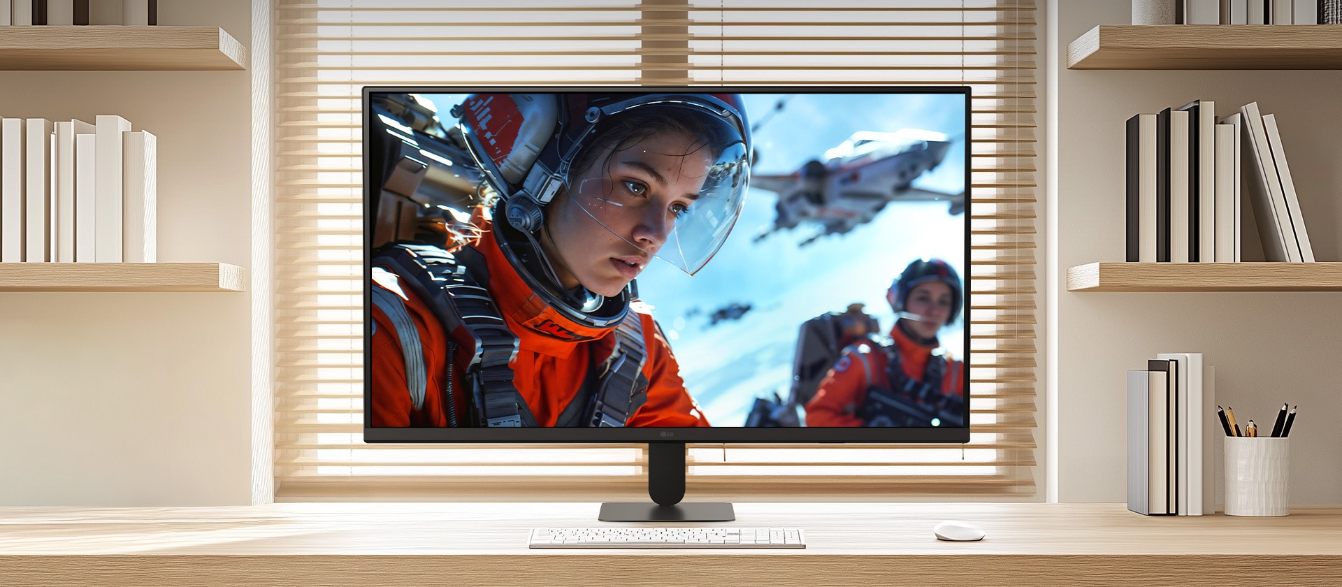 شاشة LG Smart Monitor موضوعة على مكتب خشبي أنيق في مكتب منزلي مشرق، تعرض شاشة webOS الرئيسية مع تطبيقات البث ومربعات المحتوى، إلى جانب لوحة مفاتيح وماوس، ورف كتب وستائر نافذة في الخلفية، مما يسلط الضوء على الاستخدامات الترفيهية والإنتاجية الذكية.