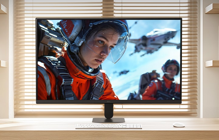شاشة LG Smart Monitor موضوعة على مكتب خشبي أنيق في مكتب منزلي مشرق، تعرض شاشة webOS الرئيسية مع تطبيقات البث ومربعات المحتوى، إلى جانب لوحة مفاتيح وماوس، ورف كتب وستائر نافذة في الخلفية، مما يسلط الضوء على الاستخدامات الترفيهية والإنتاجية الذكية.