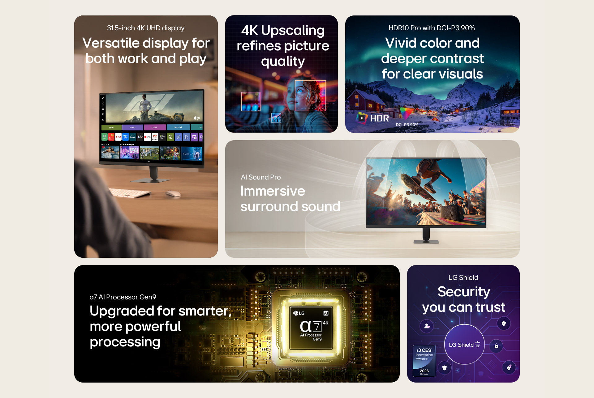 فيديو يستعرض مزايا شاشة LG Smart Monitor، بما في ذلك شاشة 4K UHD مقاس 31.5 بوصة، وواجهة webOS للعمل والترفيه، وتقنية AI Picture Pro لتحسين جودة الصورة، وتقنية AI Sound Pro لصوت غامر، ومعالج alpha 8 AI Processor 4K Gen3 للأداء الذكي، واتصال USB-C لتعزيز الإنتاجية، وتقنية LG Shield للحماية عبر مختلف سيناريوهات الترفيه والعمل المكتبي.