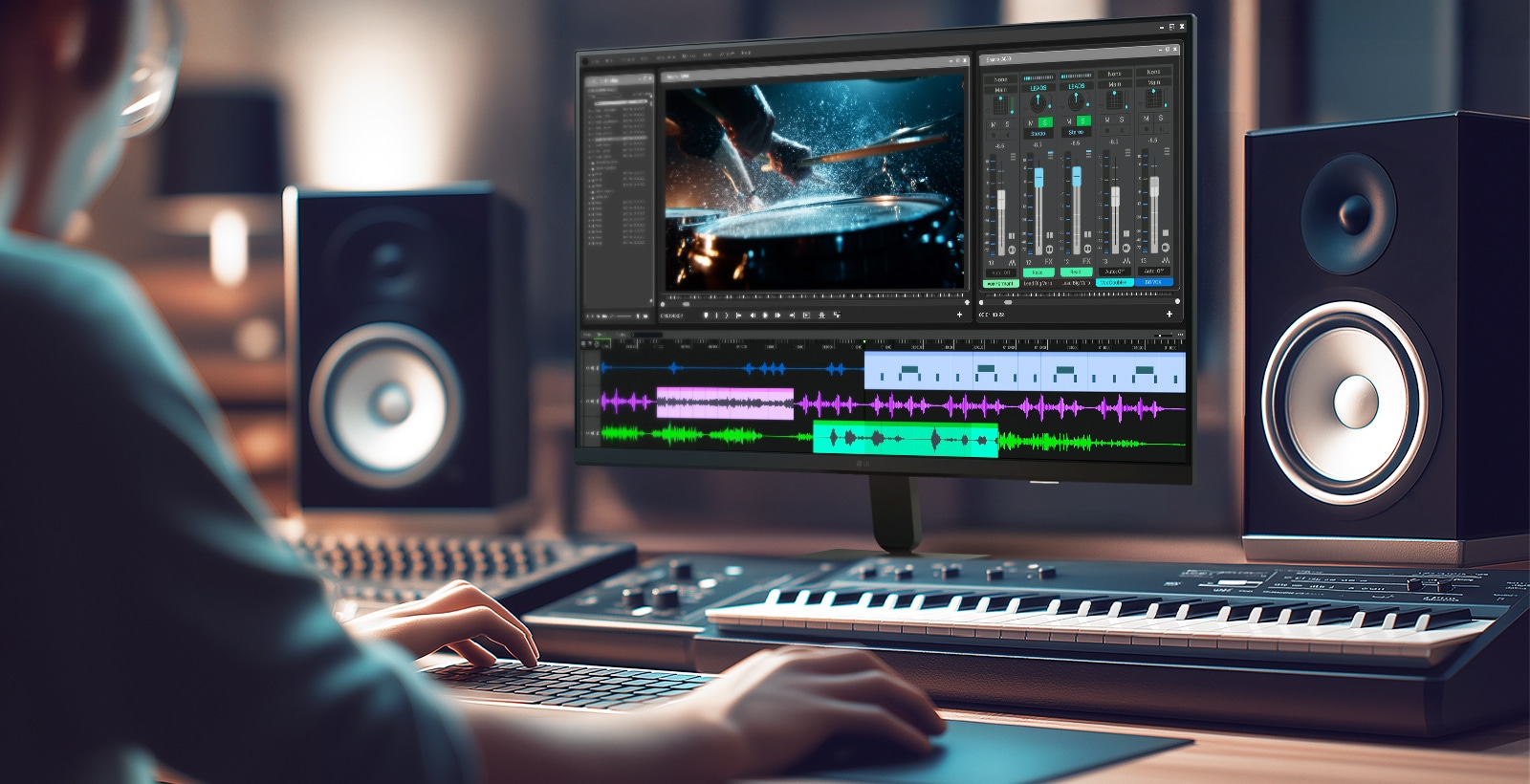 شاشة LG Smart Monitor تعرض بيئة احترافية لتحرير الفيديو والصوت، تتضمن المخطط الزمني وأدوات تصحيح الألوان وواجهة مزج الصوت، مع إبراز دقة IPS 4K ودعم HDR والتغطية اللونية الواسعة في استوديو إبداعي مزود بمكبرات صوت ولوحة مفاتيح لإنتاج المحتوى والأعمال متعددة الوسائط.