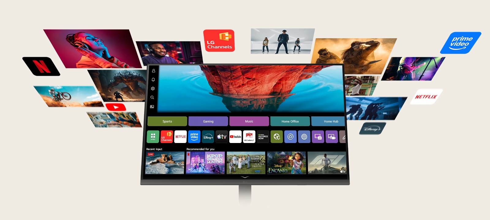 LG Smart Monitor showing the webOS home screen with streaming apps and content tiles, surrounded by floating entertainment visuals like movies, sports, and shows, highlighting all in one smart streaming, content discovery, and home entertainment experience