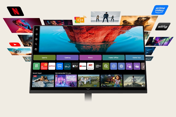 LG Smart Monitor showing the webOS home screen with streaming apps and content tiles, surrounded by floating entertainment visuals like movies, sports, and shows, highlighting all in one smart streaming, content discovery, and home entertainment experience