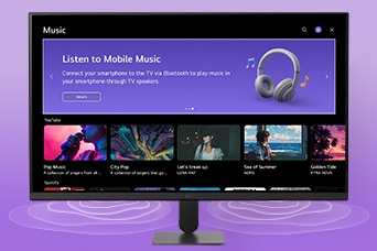 تعرض شاشة LG Smart Monitor واجهة تطبيقات الموسيقى.