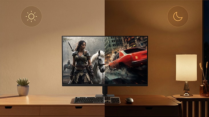 شاشة LG Smart Monitor تعرض التحكم التلقائي في السطوع الذي يعمل على ضبط سطوع الشاشة بين بيئات النهار الساطعة والليل الخافتة، مما يُظهر مشاهدة مريحة في ظروف إضاءة مختلفة على إعداد المكتب مع مصباح محيطي ومحتوى سينمائي على الشاشة