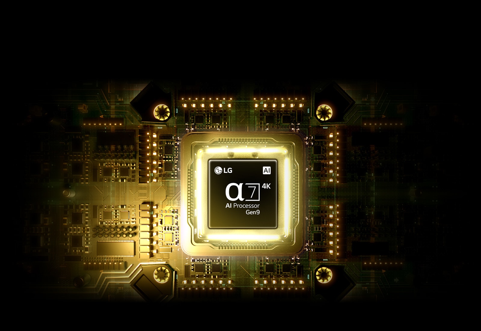 The alpha 8 AI Processor 4K Gen3 performance visualization with glowing chip and light effects, highlighting high performance processing, AI driven picture and sound optimization, and advanced smart display technology