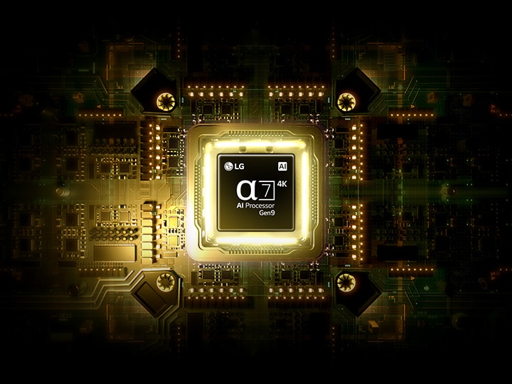 عرض توضيحي لأداء معالج alpha 8 AI Processor 4K Gen3، مع رقاقة مضيئة وتأثيرات ضوئية، يسلط الضوء على المعالجة عالية الأداء، وتحسين الصورة والصوت المدعوم بالذكاء الاصطناعي، وتكنولوجيا العرض الذكية المتطورة