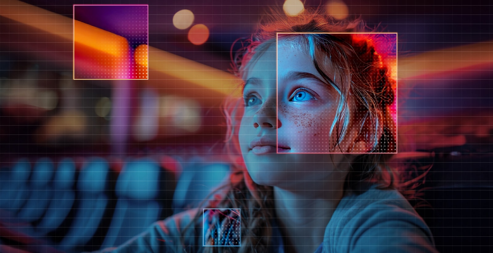 شاشة LG Smart Monitor تعرض تحسين AI Picture Pro المرئي مع مشهد سينمائي لطفل يشاهد فيلمًا، مما يسلط الضوء على تحسين السطوع والتباين وتفاصيل اللون للحصول على تجربة مشاهدة أكثر واقعية وغامرة