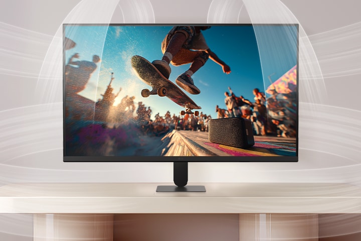 شاشة LG Smart Monitor تعرض تقنية AI Sound Pro من خلال مشهد حفل موسيقي سينمائي على الشاشة، مما يسلط الضوء على تحسين الصوت الغامر، ووضوح الحوار، والأداء الصوتي المتوازن لتجربة ترفيه منزلية محسّنة