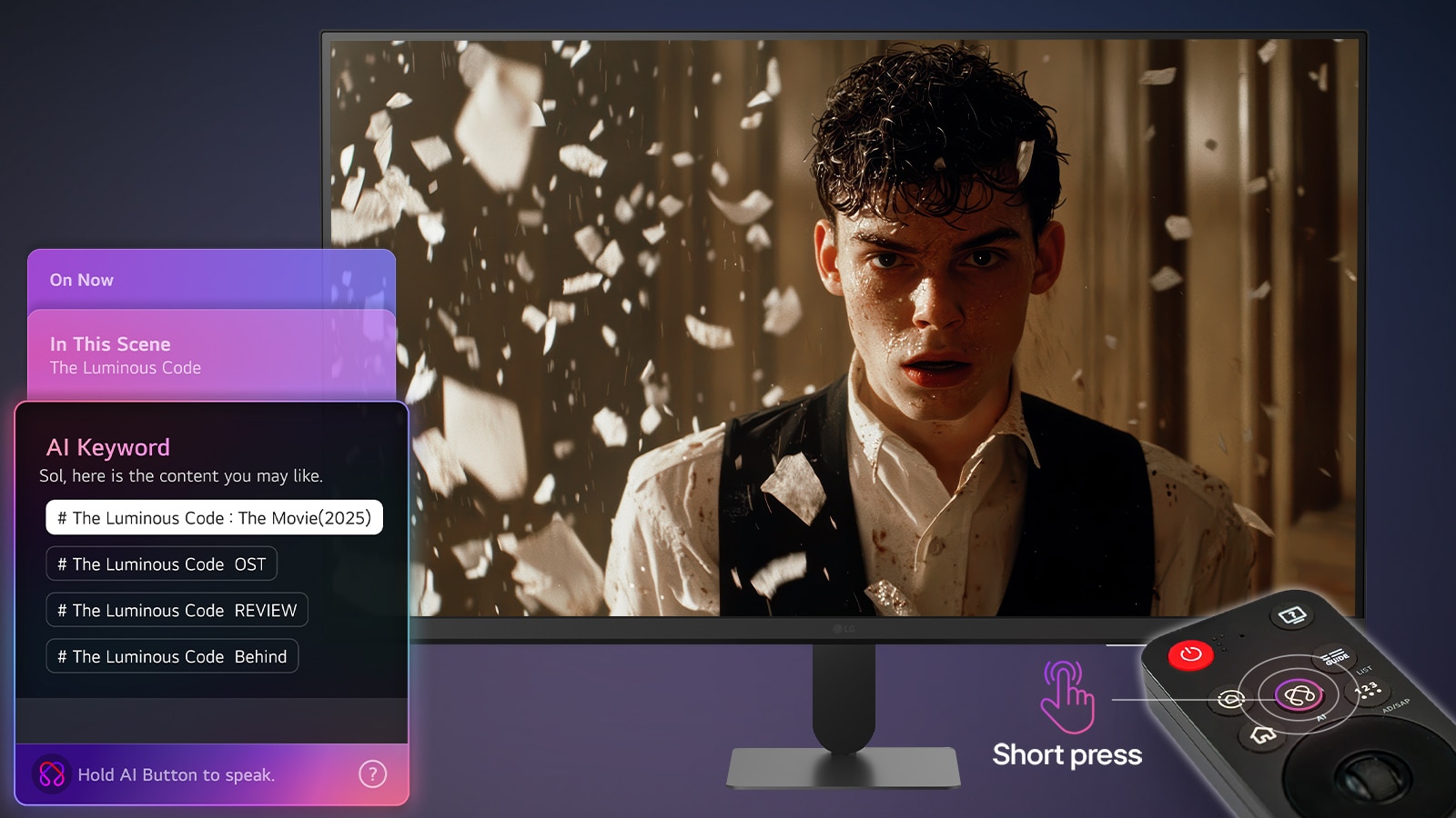 شاشة LG Smart Monitor تعرض واجهة AI Concierge مع توصيات الذكاء الاصطناعي التوليدي واقتراحات الكلمات الرئيسية للذكاء الاصطناعي، التي يتم التحكم فيها بواسطة Magic Remote، مما يسلط الضوء على البحث السياقي والتفاعل الصوتي واكتشاف المحتوى المخصص على الشاشة الذكية