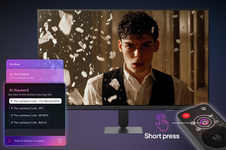 شاشة LG Smart Monitor تعرض واجهة AI Concierge مع توصيات الذكاء الاصطناعي التوليدي واقتراحات الكلمات الرئيسية للذكاء الاصطناعي، التي يتم التحكم فيها بواسطة Magic Remote، مما يسلط الضوء على البحث السياقي والتفاعل الصوتي واكتشاف المحتوى المخصص على الشاشة الذكية