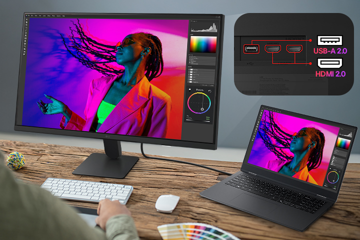 شاشة LG Smart Monitor متصلة بجهاز كمبيوتر محمول عبر منفذ USB-C مع شحن بقدرة 65 واط، وتُظهر مساحة عمل مخصصة لتحرير الصور، ومنافذ متعددة تشمل USB-C وUSB وHDMI، مع التركيز على إمكانية التوصيل بكابل واحد، وشحن الأجهزة، وإعداد محطة عمل مخصصة لزيادة الإنتاجية