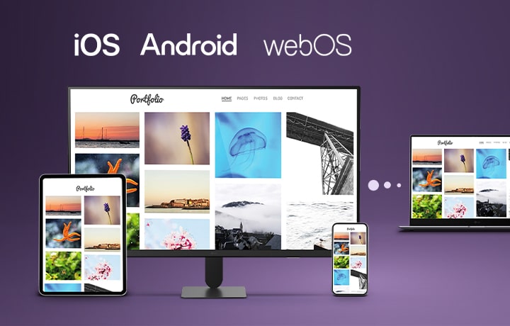 شاشة LG Smart Monitor التي تستخدم LG Link لمزامنة الأجهزة اللاسلكية عبر iOS وAndroid وWebOS، مما يُظهر سلاسة نقل الصور والملفات بين الشاشة والجهاز اللوحي والهاتف الذكي والكمبيوتر المحمول، مما يسلط الضوء على الاتصال عبر الأجهزة وسير العمل متعدد الشاشات.