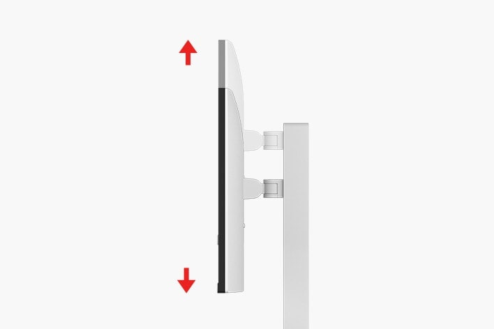 The image shows the height adjustment feature of a monitor, demonstrating how the screen can be raised or lowered for ergonomic comfort.	