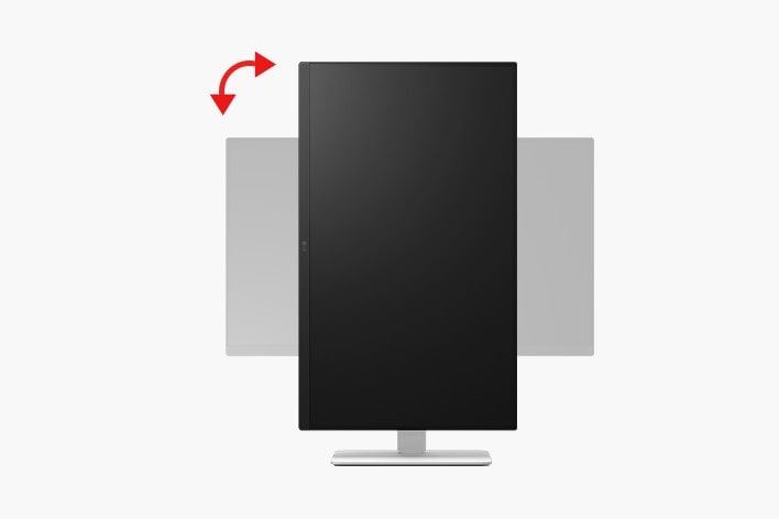 The image demonstrates the pivot function of a monitor, showing how the screen can rotate between landscape and portrait orientations for versatile viewing options.	