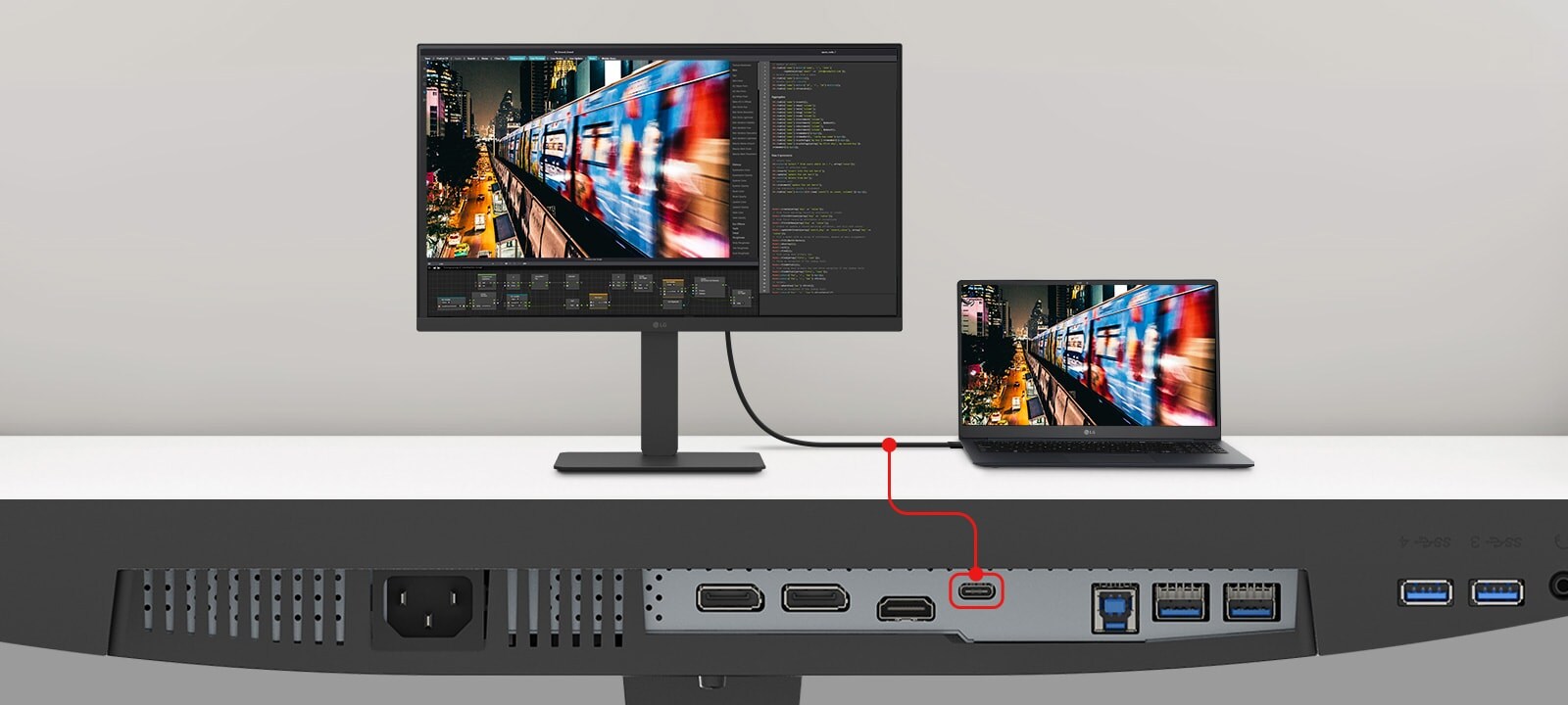 An image of a laptop and monitor connected with a single USB Type-C cable.	