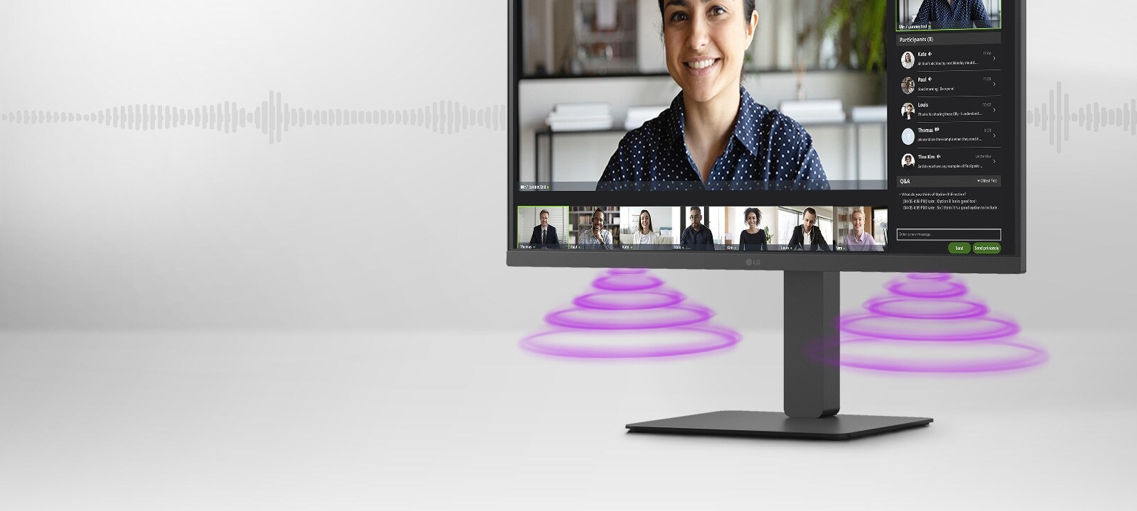 Side view showing video conference scene on the monitor.	