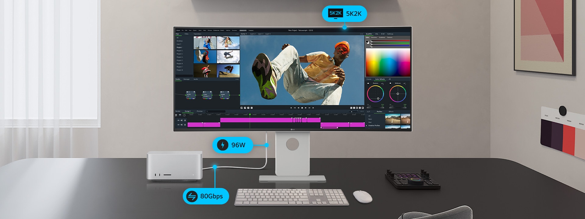 A UltraFine monitor is placed with program screen on it beside a smaller monitor, a PC and a storage, connected with cables showing its multi-connectivity.	