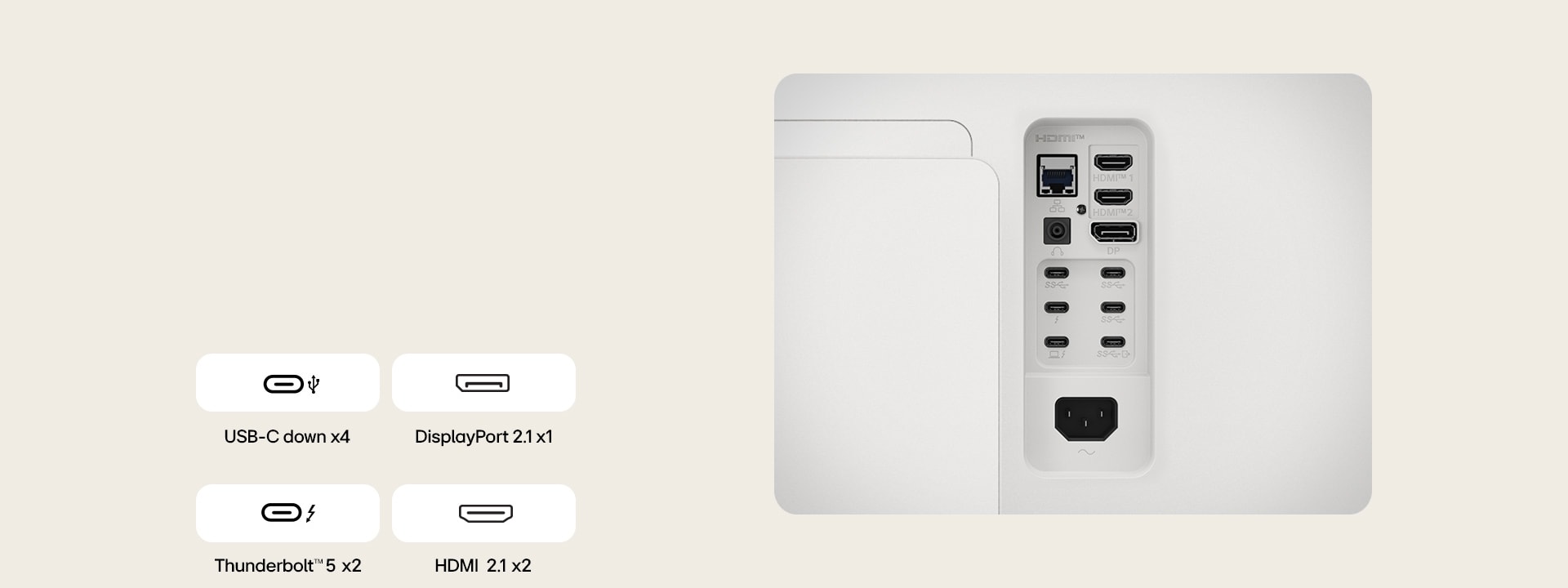 Close-up image of UltraFine monitor's ports to show the various cable connectivity it has.	