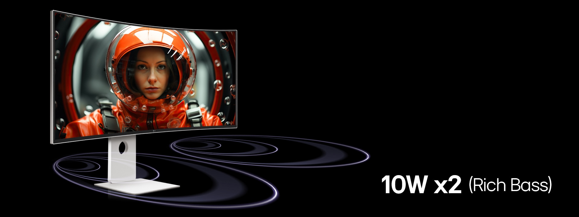 A UltraFine monitor is placed in a virtual space with soundwaves coming from the bottom part of the monitor moving forward. On  the screen a woman in a red-space-suit is facing forward.	