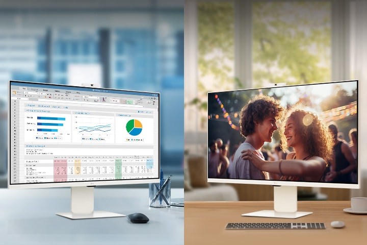 A photo showcasing LG Smart Monitors in a office and home.	