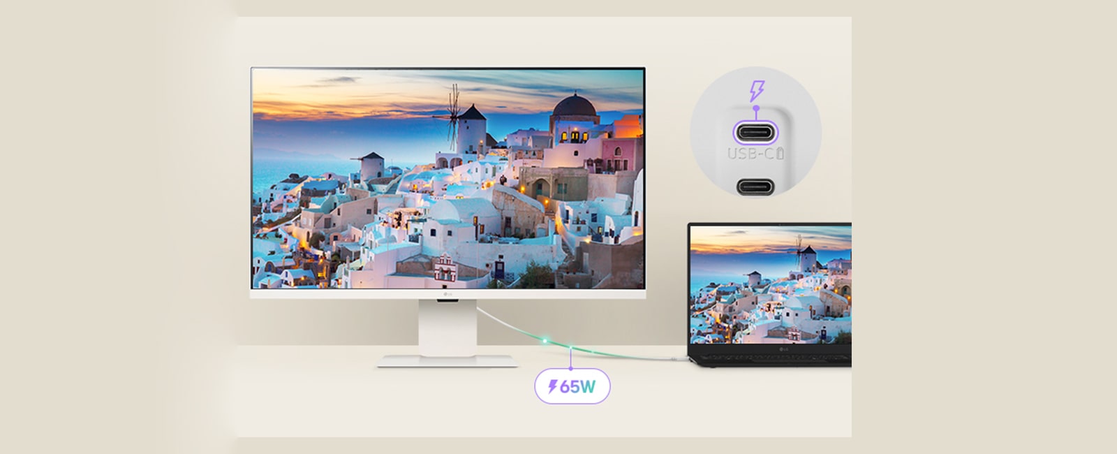 A laptop is connected to a LG Smart Monitor via USB-C. It is charging through USB-C while displaying the same screen.	