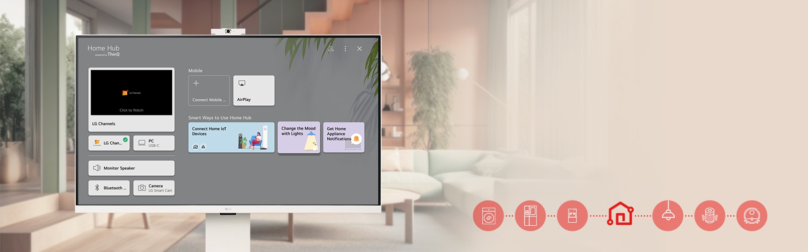 The LG Smart Monitor screen is showing the ThinQ Home Dashboard interface.	