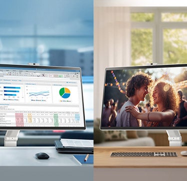 In the left image, a LG Smart Monitor Swing in an office displays various charts, while in the right image, a LG Smart Monitor Swing at home is playing a movie.	