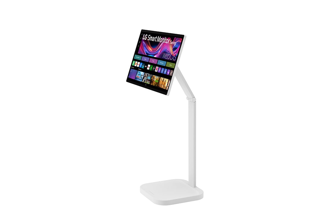 LG 31.5-inch 4K UHD IPS Smart Monitor Swing with touchscreen, featuring a unique movable stand and webOS system, -30 degree side view with monitor height adjusted downward, 32U889SA-W, thumbnail 9