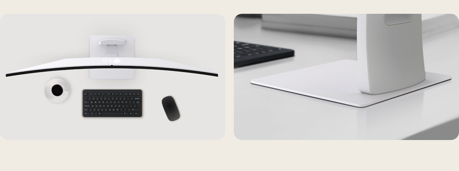Split view showing the LG UltraWide monitor from a top-down angle with a curved display and minimal desk setup, alongside a close-up of the flat stand base for stable support.	