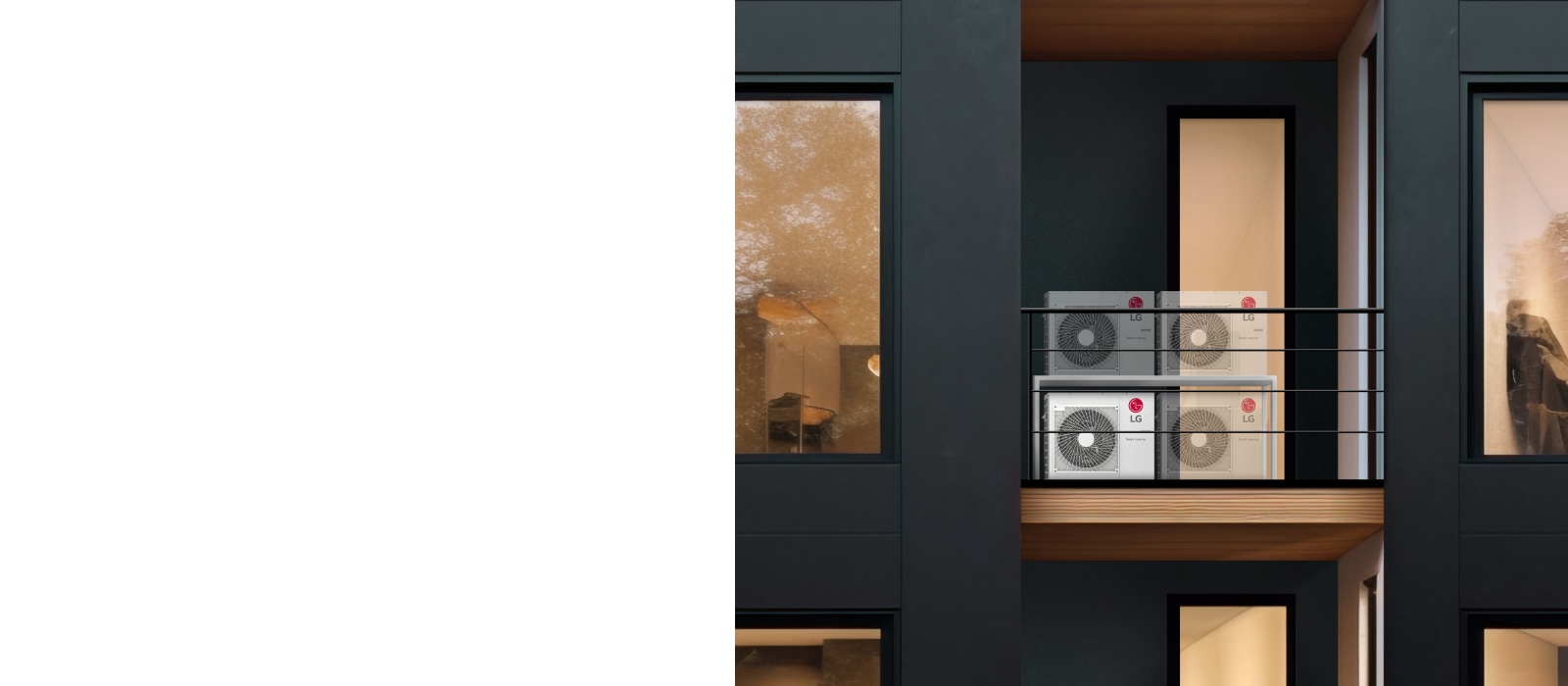 On the compact balcony of the apartment, a 2X2 layout of an LG Smart Inverter outdoor unit are installed.