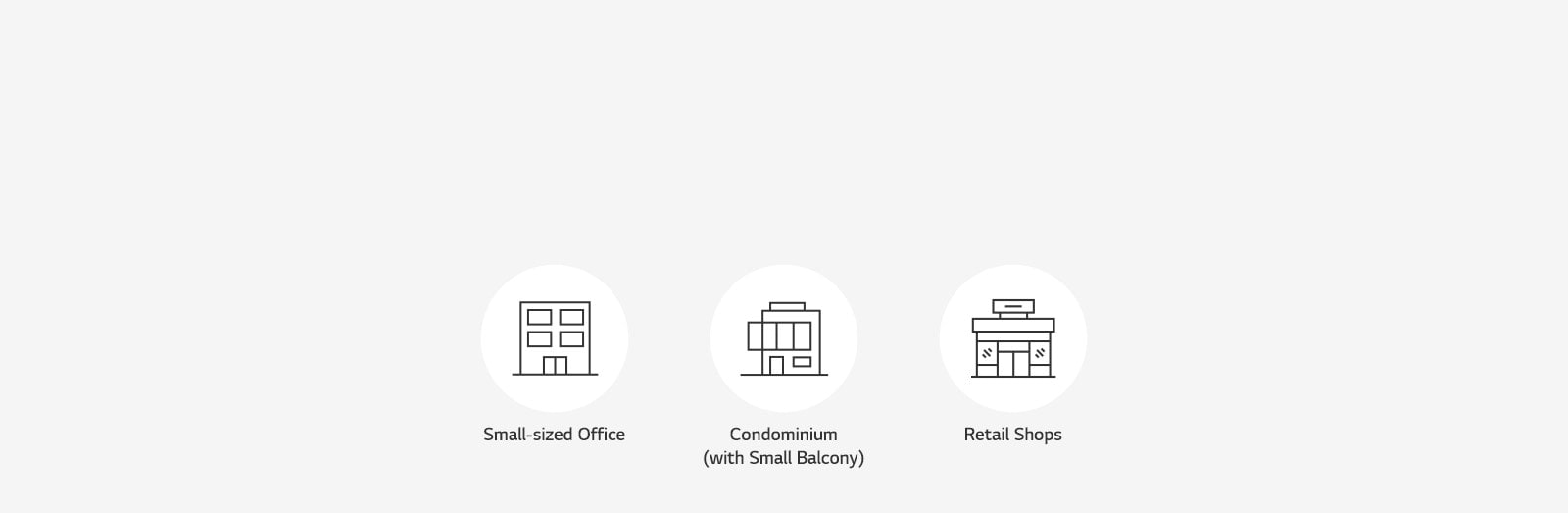 Three white circles containing outlines of a small-sized office, a condominium, and retail shops.