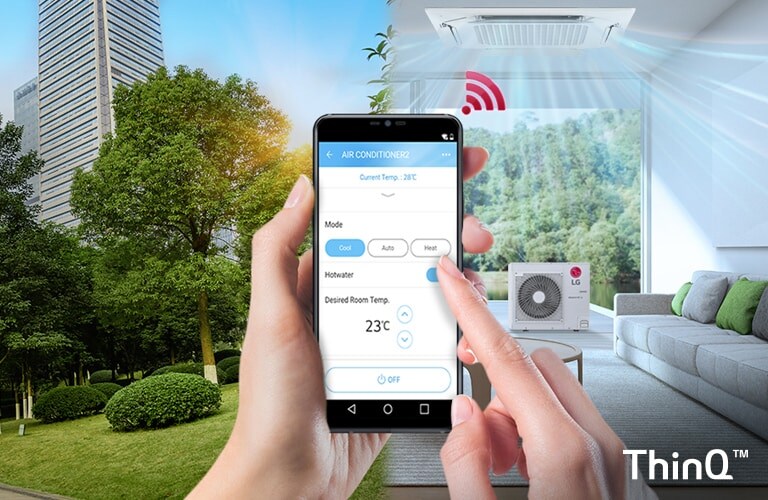 A user taps the ThinQ app on their phone, controlling an LG indoor unit on the ceiling with an outdoor unit below.