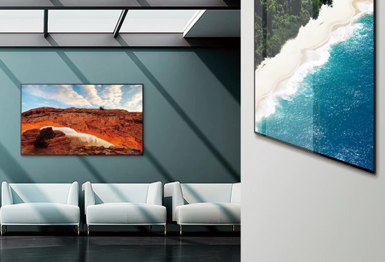 The edge of the display on the wall is so thin that it looks as if content is playing directly from the wall.