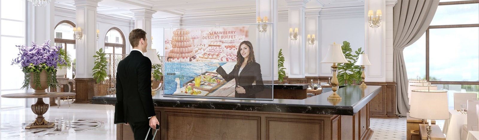 A man is getting information through the Transparent OLED screen showing photos of the dessert menu.