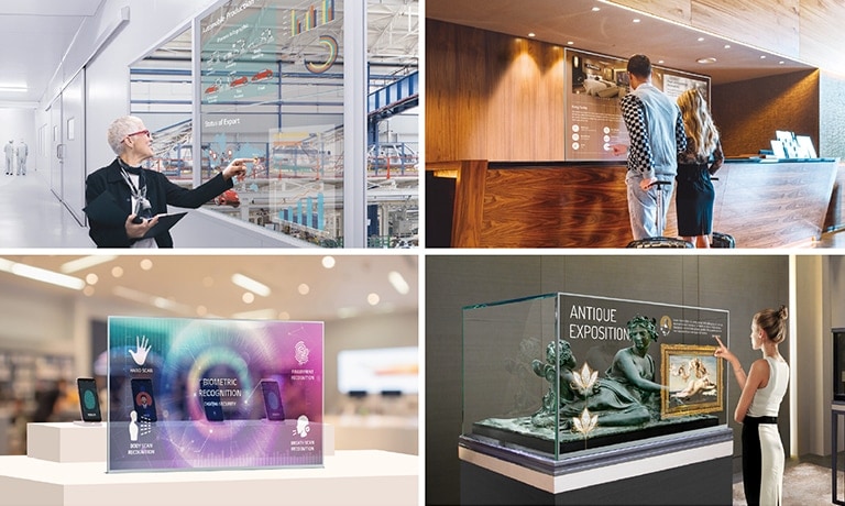 A woman is checking content with a Transparent OLED Signage installed next to the window.
