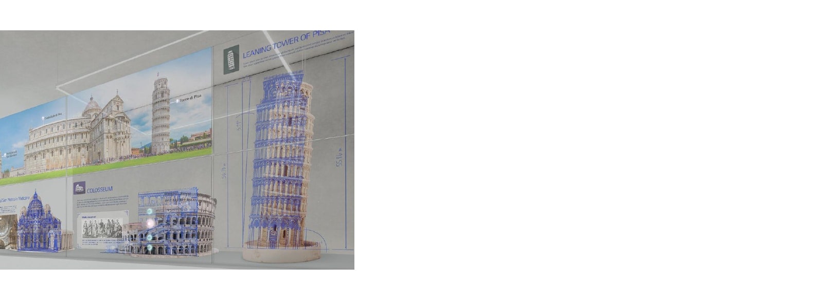 Information about structures is displayed on the transparent OLED screens which are set up in front of the miniature structures.