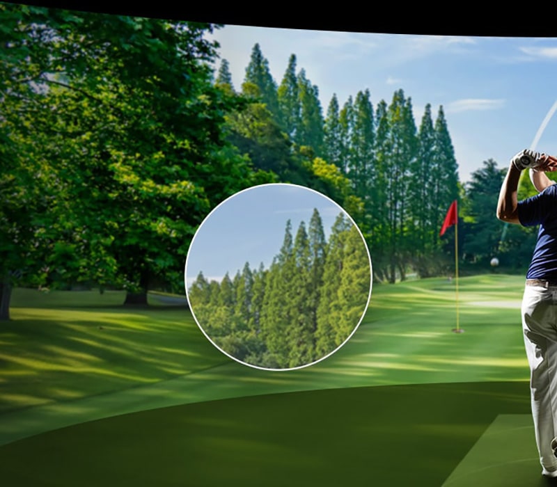 A golf course scene with a zoomed-in section of trees, appearing less detailed and slightly dull, representing a lower resolution.	